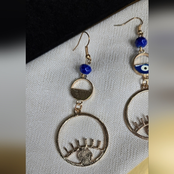 Elegant Gold Tone Blue Evil Eye Earrings - Picture 5 of 15